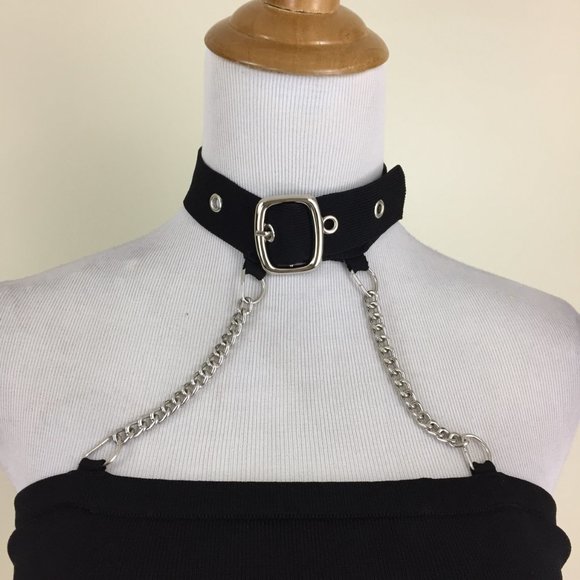 NWT BALBOA FASHION Black Silver Chains Adjustable Buckle Cropped Top - Picture 5 of 7